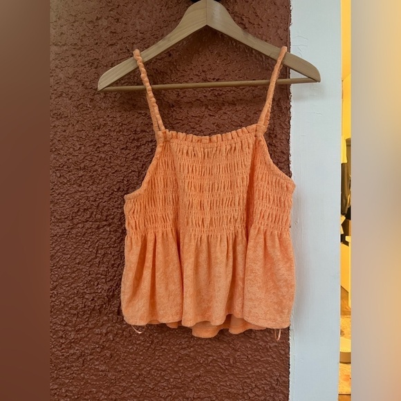 SO Tops - SO Top Artsy Babydoll Terry Island Orange Groovy Crop Smocked Ruffle Women's XL